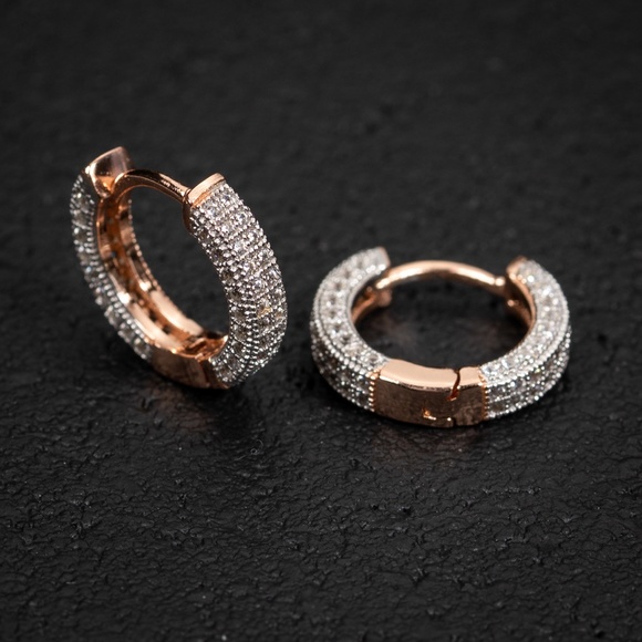 Mens Iced Two Tone Rose Gold Sterling Silver Small CZ Huggie Hoops Earrings - Picture 2 of 4